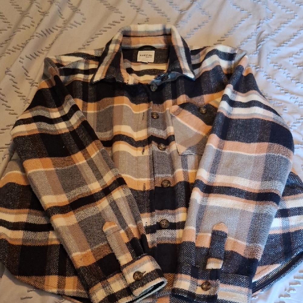 Kensie Plaid Flannel Shirt in Black, Tan, and Cream